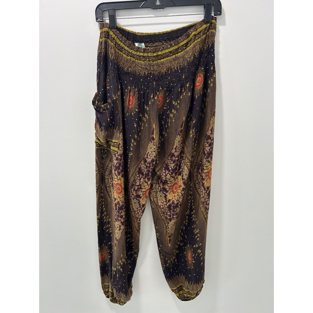 HaremPants Boho Mandala Paisley Rayon Smocked Waist Joggers Brown One Size